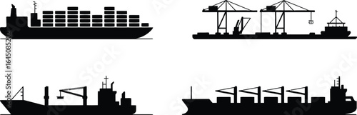 Diverse global shipping and cargo vessels in silhouette style