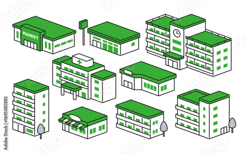 フラットな線画の建物セット