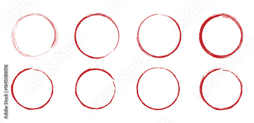 Grunge red circles brush set. Grunge round shapes. Texture stroke red circle background. Abstract stain grunge style. Vector illustration