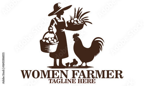 Vector illustration of a smiling woman farmer in a wide-brimmed hat holding an egg and a basket full of eggs, with a rooster standing beside her. Farming concept