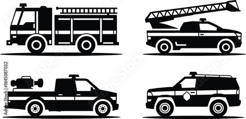 Collection of emergency service vehicle icons featuring police cars and fire trucks silhouette