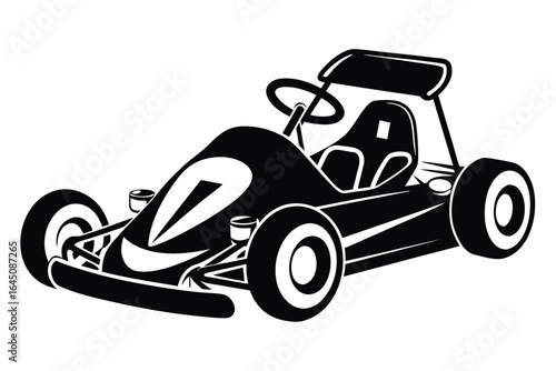 Cartoon black go kart racing machine with white accents displayed on white backdrop