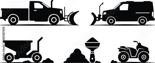 Snow plow and yard equipment silhouette for winter and lawn care services