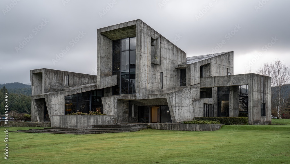 custom made wallpaper toronto digitalA Brutalist concrete structure, angular and imposing, sits on a verdant lawn under a grey sky. Large windows punctuate its fragmented form