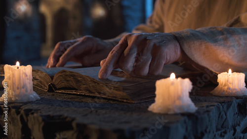 Hands of a monk pointing to text in an old manuscript, illuminated by melting candles on a stone table in a dimly lit monastery.