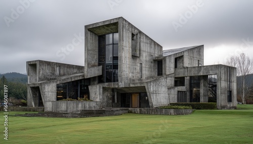 Wallpaper Mural A Brutalist concrete structure, angular and imposing, sits on a verdant lawn under a grey sky. Large windows punctuate its fragmented form Torontodigital.ca