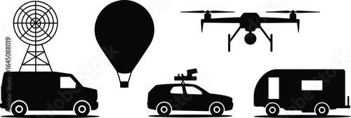 Collection of specialized vehicles and surveillance equipment in silhouette