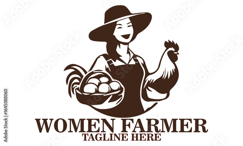 Vector illustration of a smiling woman farmer in a wide-brimmed hat holding an egg and a basket full of eggs, with a rooster standing beside her. Farming concept
