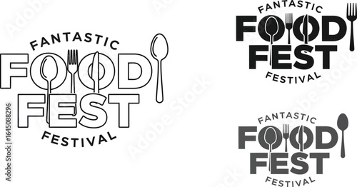Fantastic Food Fest festival logo templates with cutlery and icons