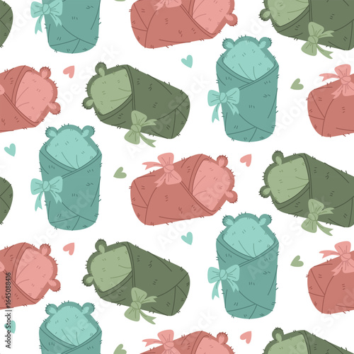 Pattern of multi-colored bear-eared discharge envelopes. Cute terry blanket with a bow. Colorful flat style. Gentle first warm clothes for baby's discharge. Seamless packaging of baby products