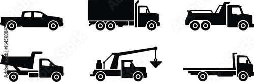 Collection of commercial towing and cargo truck silhouettes for transportation designs