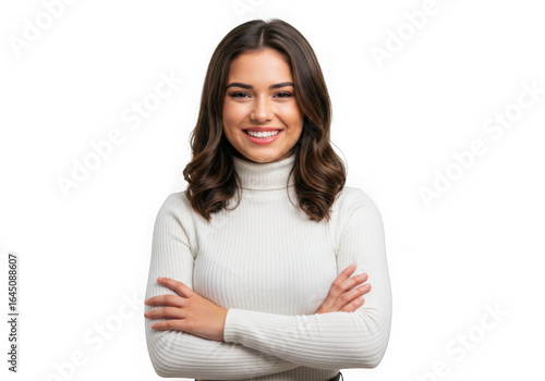 Smiling young woman with arms crossed wearing a white turtleneck