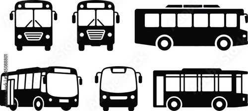 Collection of diverse bus transportation icons featuring various vehicle silhouettes