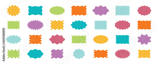 Zig zag wavy shape frames. Circles and rectangles with wavy zigzag edges. Scallop edge kids geometric stamps. Flat jagged rectangle and oval shapes set. Groovy kids wiggly backgrounds.