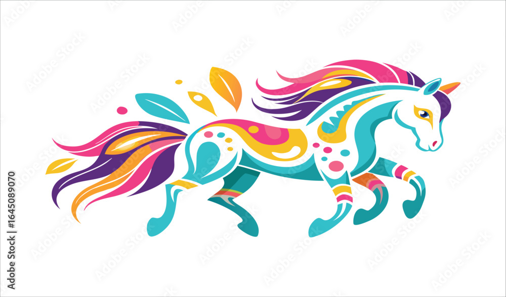Fototapeta premium Vibrant Colorful Horse Artistic Illustration, Abstract Design, Floral Mane and Tail, Unique Style