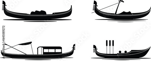 Classic venetian gondolas and rowing boats on water silhouette