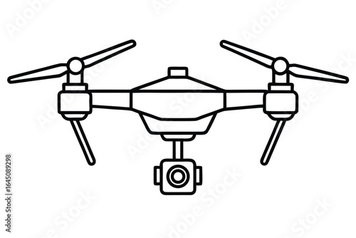 Line drawing shows a black drone with a camera on a white background
