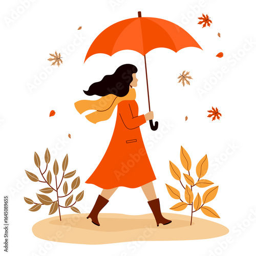Autumn Elegant woman in red raincoat walking with umbrella under falling maple leaves. Vector illustration. Not AI.