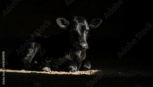 A black calf emerges from the shadows, resting peacefully on a sunlit patch of ground its glossy