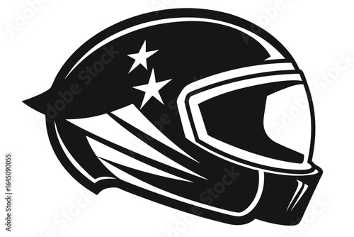 Black helmet displays two stars and dynamic line art on a white backdrop