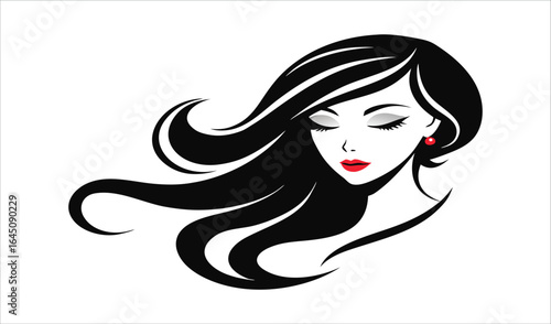 Elegant Woman with Flowing Black Hair and Red Lips, Stylish Hair Design, Beauty Salon Logo...