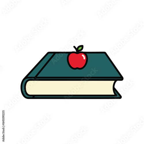 A simple graphic of a red apple with a leaf resting on a closed, dark green hardcover book.