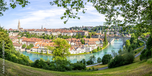 Fototapeta Naklejka Na Ścianę i Meble -  Bern city on the river Aare old town with church Berner Munster panorama in Switzerland