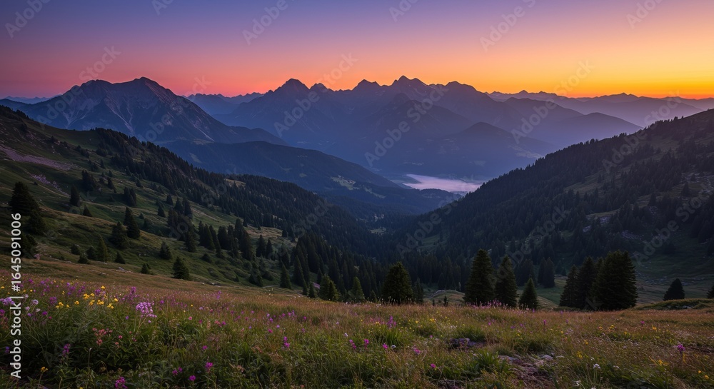 Obraz premium Breathtaking Mountain Landscape at Dusk with Vibrant Sunset Colors