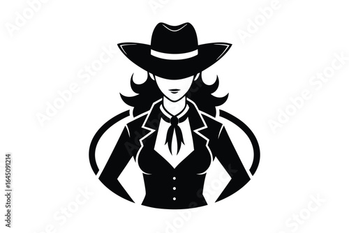 Elegant woman wearing a suit and hat exudes confidence in monochrome black vector