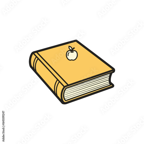 A closed, hardcover book with a yellow cover, adorned with a small, white apple illustration on its front.