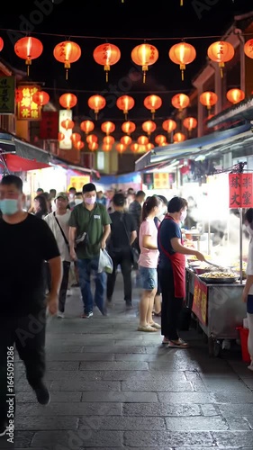 Bustling Asian Night Market Street Scene with Glowing Red Lanterns People Strolling and Delicious Street Food Vibrant Cultural Ambiance Warm Lighting and Traditional Asian Elements Lively Urban
