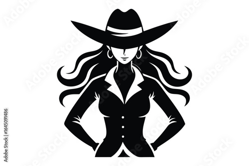 Confident cowgirl wearing a hat and jacket strikes a pose against a white backdrop