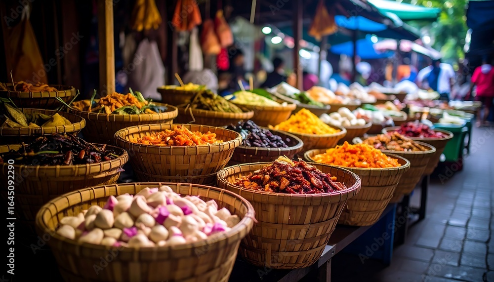 Fototapeta premium Colorful market stalls overflowing with spices and produce