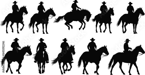 Cowboy riding horse silhouette collection, western equestrian scene, black vector illustration, ranch lifestyle, rodeo performance, cowboy culture, country horseback riding art