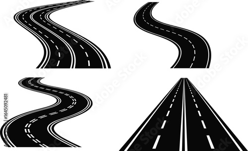 Curved road illustration, straight highway design, asphalt street vector, transportation path, traffic lane art, roadway drawing, urban route, black and white