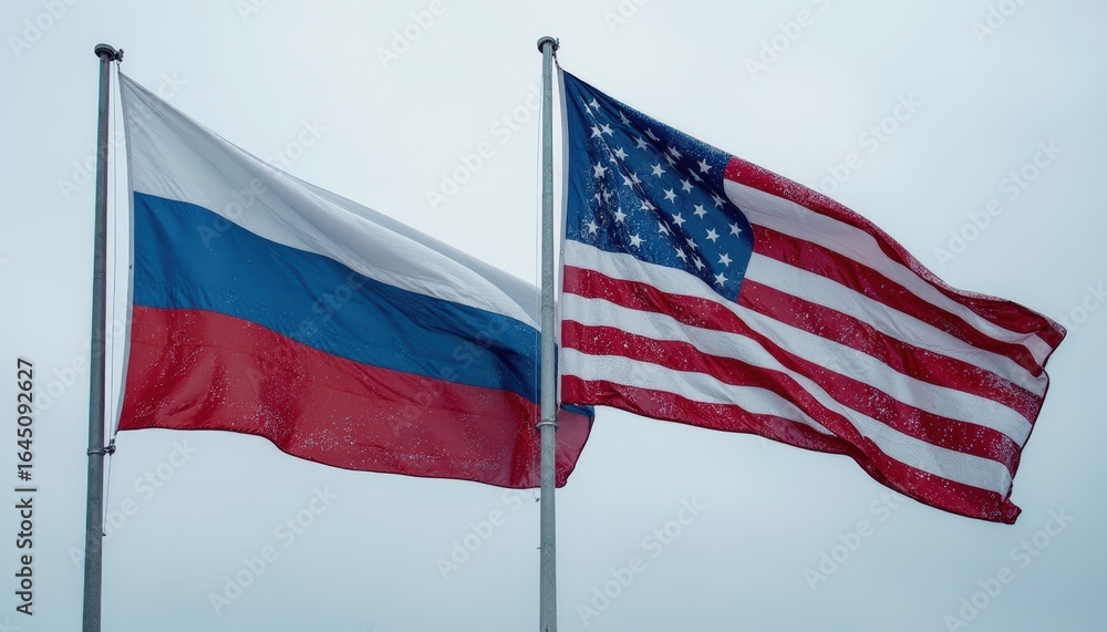 Fototapeta premium Russian and American flags together, symbolizing partnership in a cloudy atmosphere