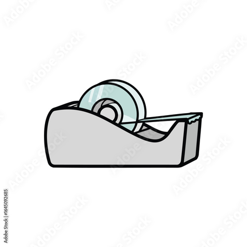 A simple cartoon illustration of a grey tape dispenser with a roll of clear adhesive tape.
