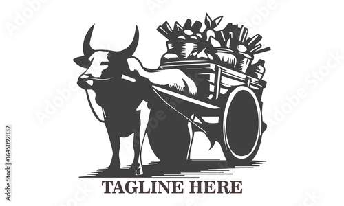 Illustration bullock cart transporting goods. Detailed black silhouette vector illustration of two oxen pulling a traditional wooden cart laden with a large basket. Old farmers day