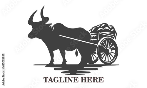 Illustration bullock cart transporting goods. Detailed black silhouette vector illustration of two oxen pulling a traditional wooden cart laden with a large basket. Old farmers day