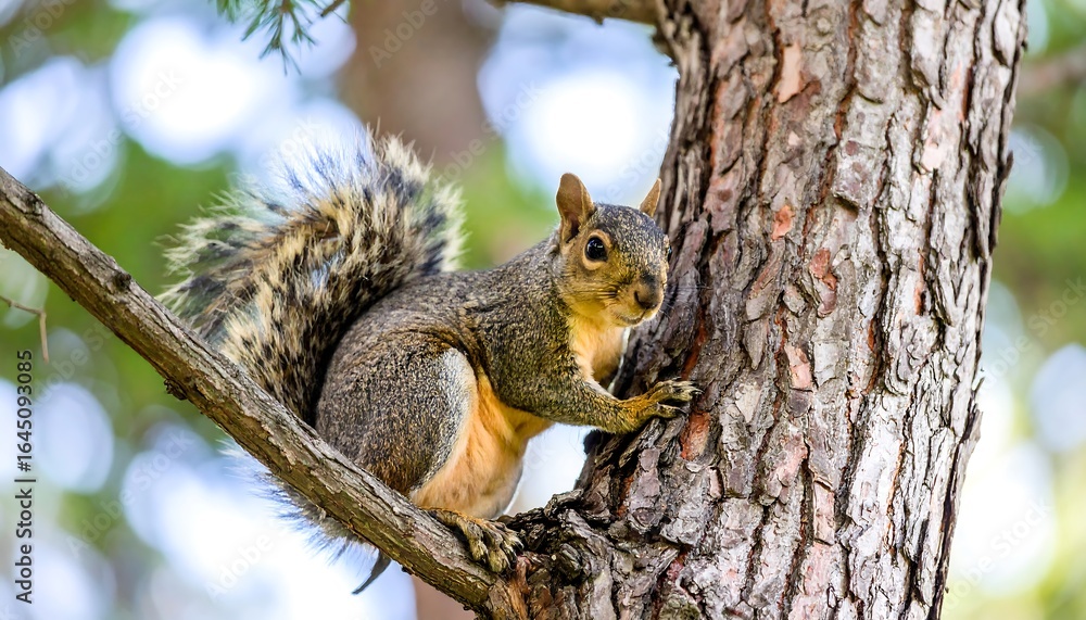 A curious squirrel perched on a tree branch surveys its woodland domain A curious squirrel perched on a tree branch surveys its woodland domain
