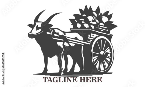 Illustration bullock cart transporting goods. Detailed black silhouette vector illustration of two oxen pulling a traditional wooden cart laden with a large basket. Old farmers day