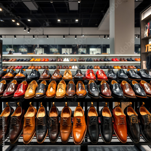 Elegant leather dress shoes organized in chronological order showcasing unique styles and colors on a display rack in a modern retail store setting