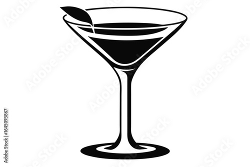 Black silhouette shows elegant martini glass with olive resting on white background