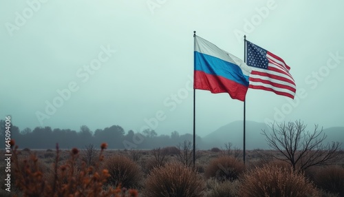 Russian and American flags standing together in a foggy landscape, symbolizing partnership and unity with copy space