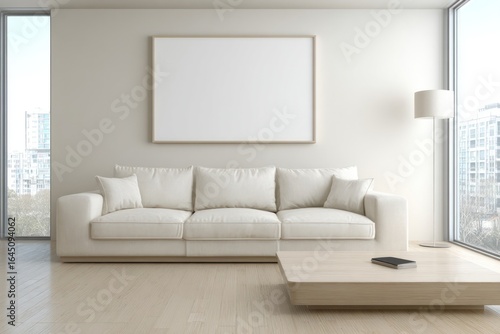 Minimalist living room mockup with large blank canvas