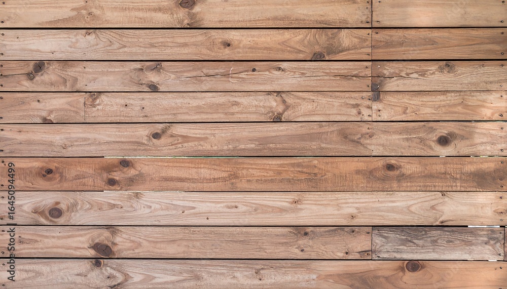 Fototapeta premium Natural light brown wooden plank wall background, a rustic timber surface with horizontal boards and detailed wood grain.