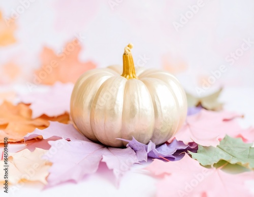 A stylish golden pumpkin on a bed of pastel-colored autumn leaves. Modern fall decor concept with a soft, bright background.