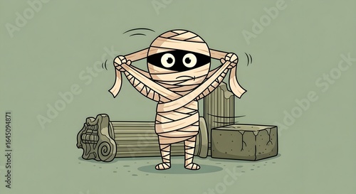Cartoon Mummy Adjusting Wraps in Ancient Ruins, Expressive Eyes, Olive Green Background