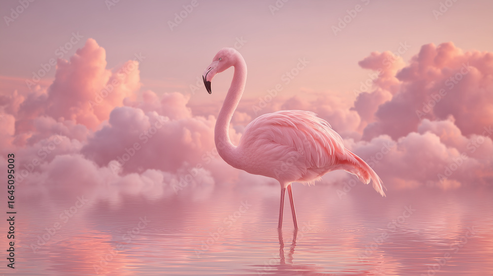Fototapeta premium Single flamingo wading in shallow pastel water under soft light
