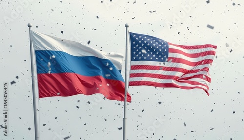 Russian and American flags waving with confetti in the air, symbolizing celebration and partnership